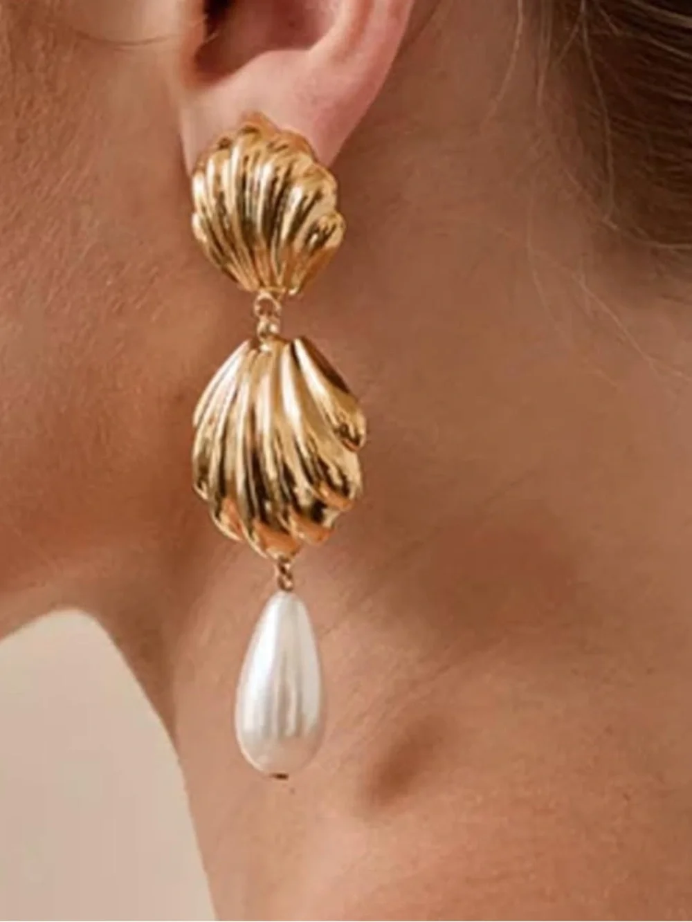 Zara Gold Shell Drop Earrings with White Pearl Teardrops